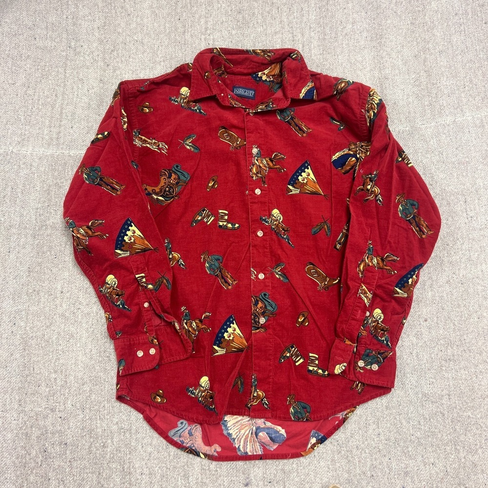 Vintage Land's End Corduroy Shirt Mens Large Red 1990s Button Up Western